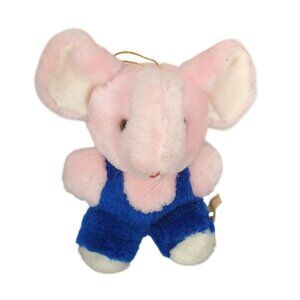 Plush Pink Elephant Toy With Blue Overalls & Gold Hanging Loop - ACME Brand